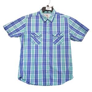 PD&C Paper Denim & Cloth Short Sleeve Button Up Shirt Men's L Blue Plaid Y2K